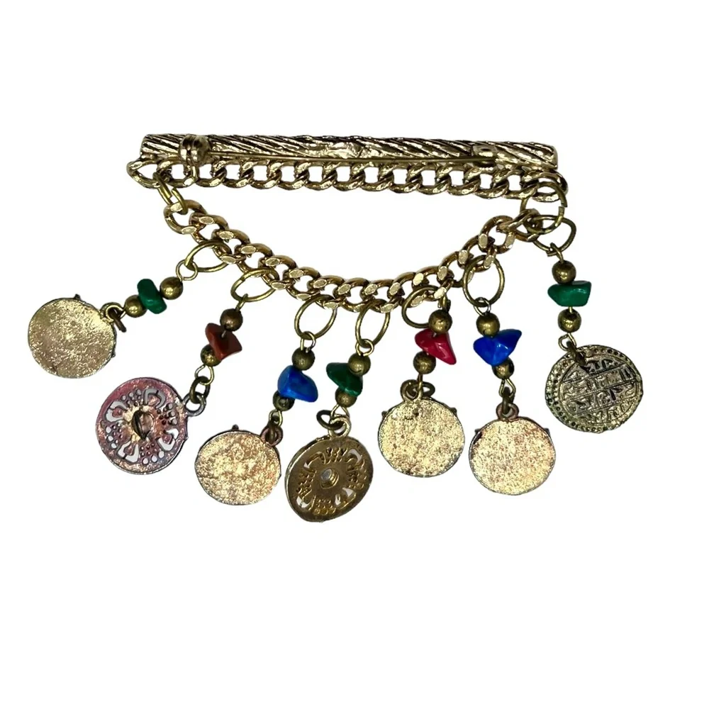VINTAGE CHAIN BAR W CHAIN SWAG & COIN DANGLES W STONES - ETRUSCAN STYLE BROOCH